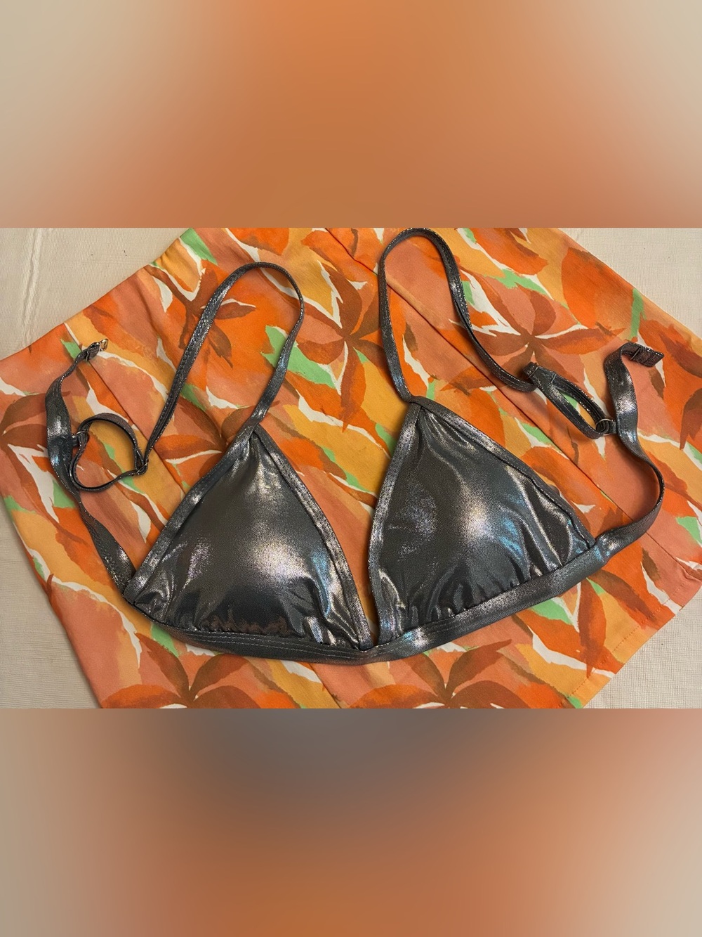Shimmer Metallic Triangle Bikini Top — Silver